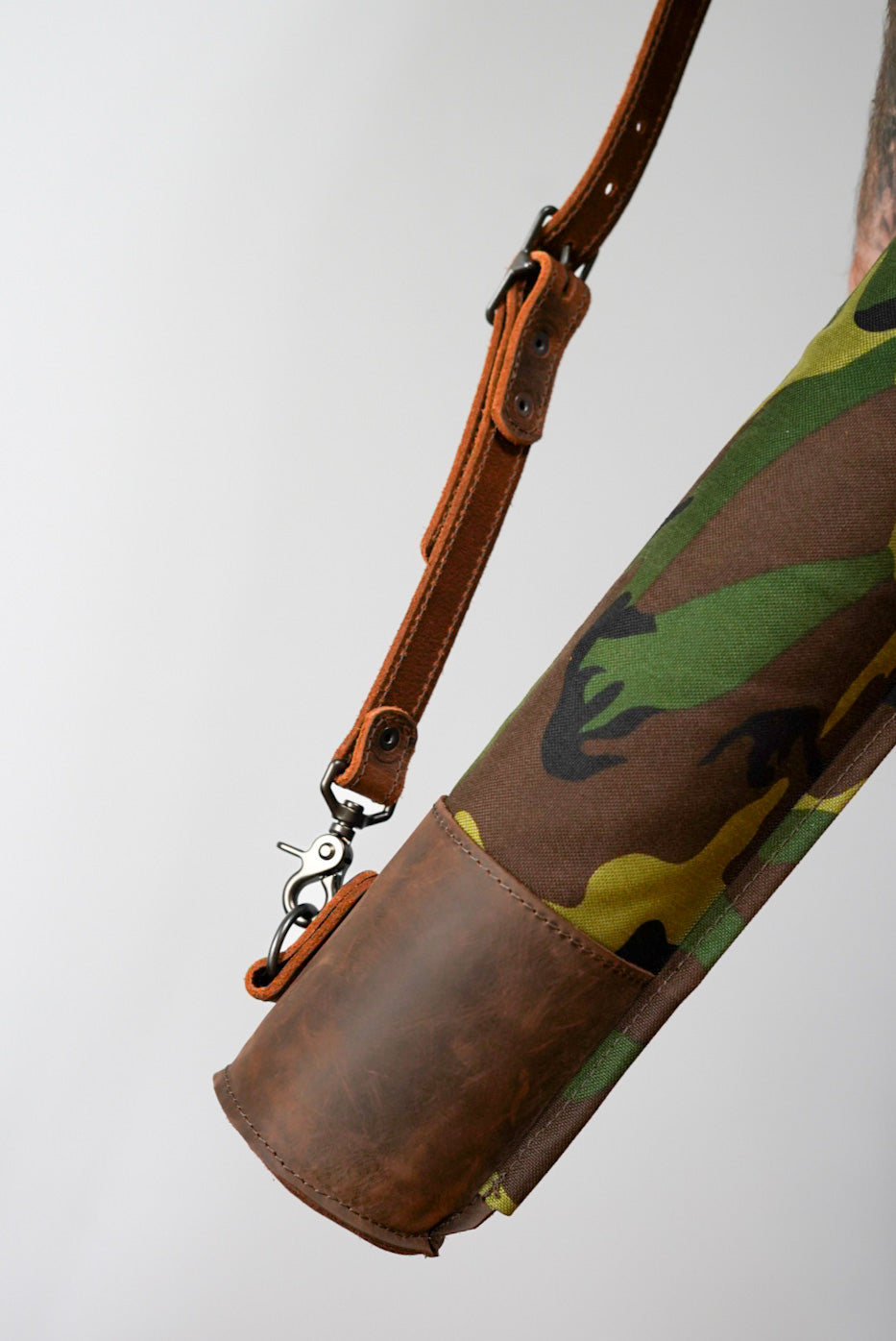 Limited Edition Camo Fishing Rod Case with Brown Leather Accents - Durable Protective Cover for Travel & Outdoor Fishing Gear Storage