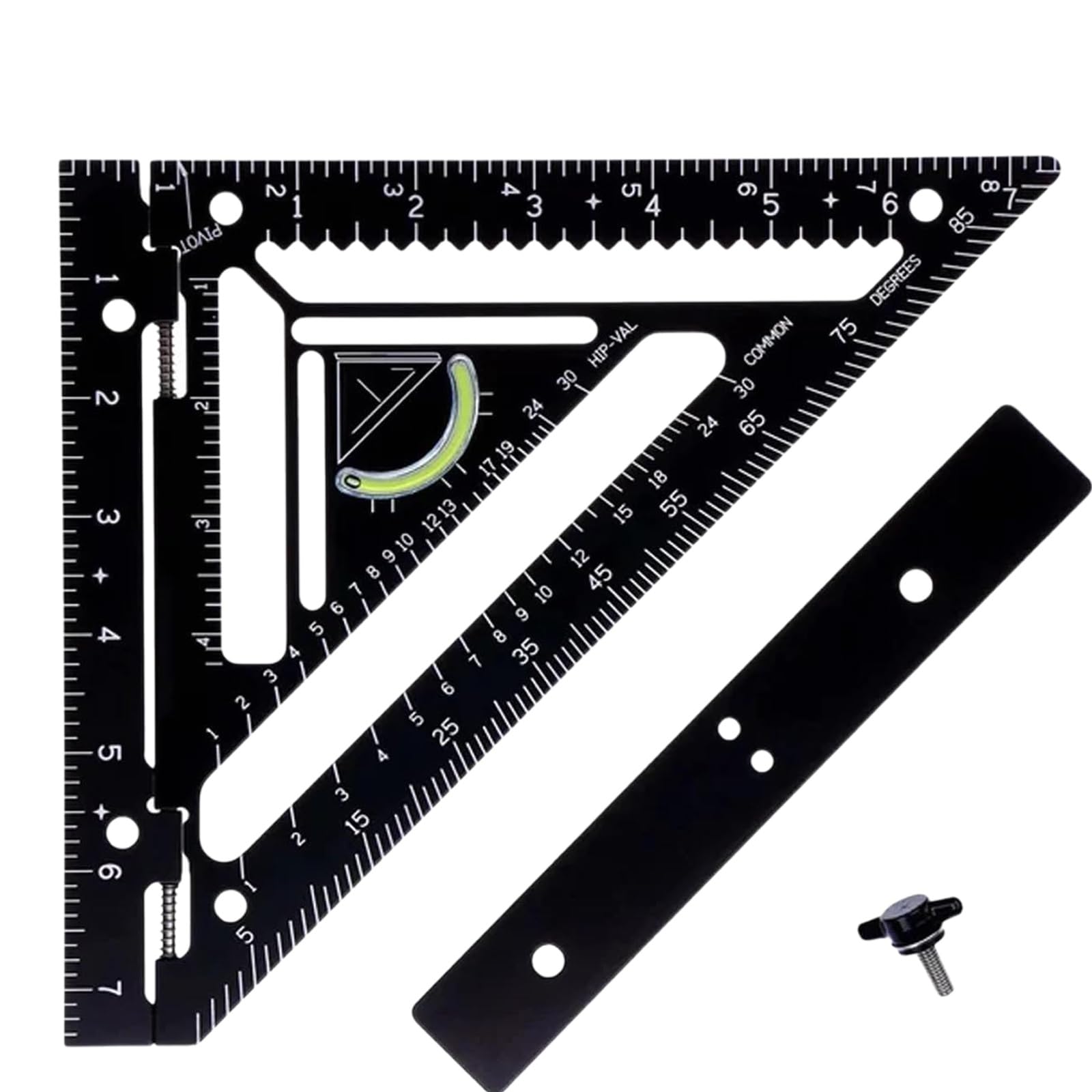 Premium Rafter Square Tool - Advanced Carpenter Square with Jig Block & Protractor | Accurate Layout Measuring Tool for Woodworking & Roof Framing | Durable Black Triangle Ruler for DIY & Professional Construction Projects