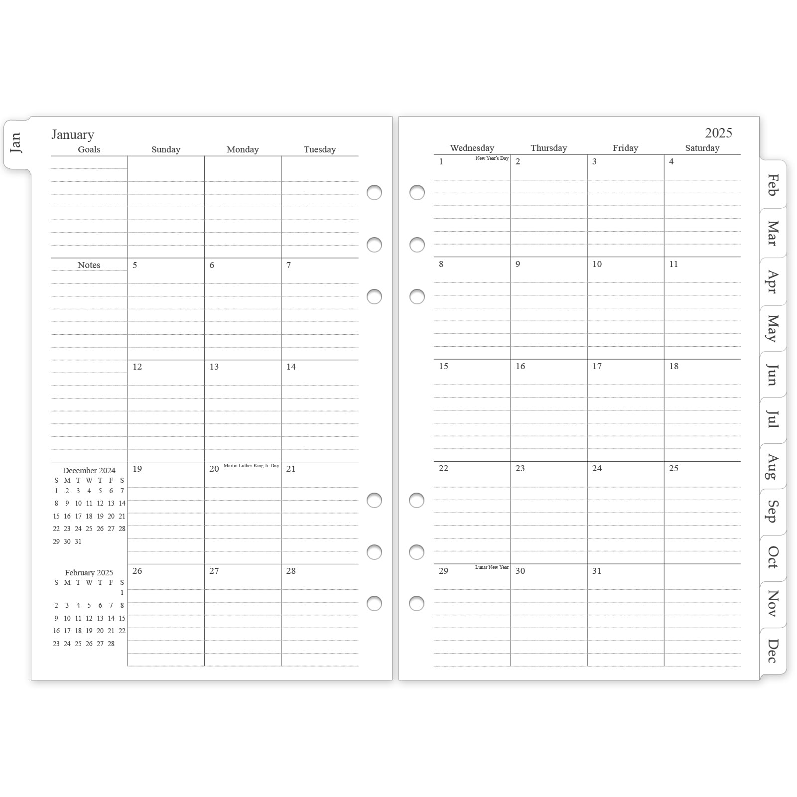 2025 Monthly Planner Refill - A5 6-Hole Planner Inserts with 12 Monthly Calendars & Tabs (5.5