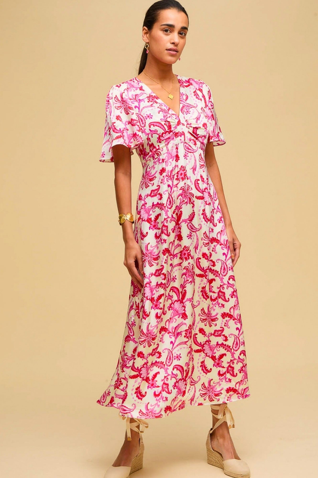 Anais Hammered Satin Dress - Floral Paisley Print in Cream, Red & Pink Colors | Perfect for Weddings, Parties & Special Occasions