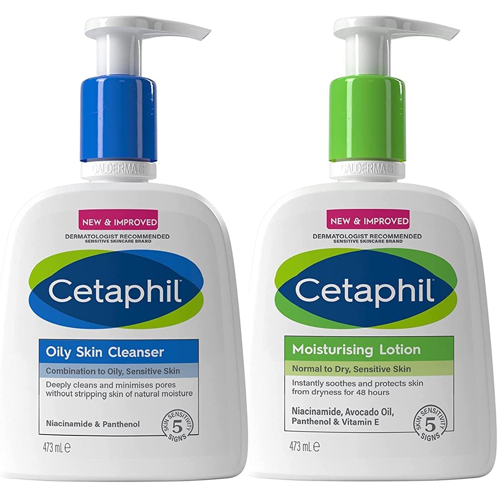 Cetaphil Oily Skin Cleanser & Moisturizing Lotion Set - 473ml Face Wash for Combination to Oily Sensitive Skin & Body Moisturizer for Normal to Dry Skin | Gentle Daily Skincare Routine for Acne-Prone & Sensitive Skin Types