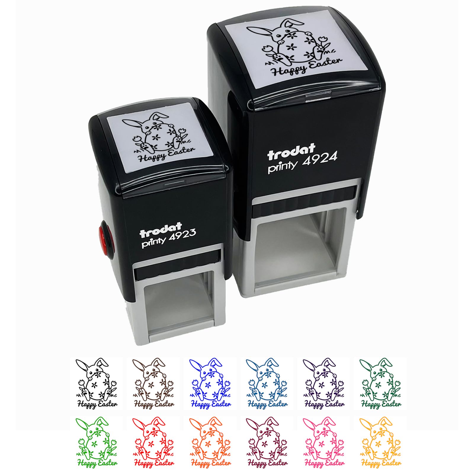 Easter Tulips Bunny Hiding Behind Giant Egg Self-Inking Stamp - 1 Inch Small Red Ink Stamper for Scrapbooking, Card Making & DIY Crafts