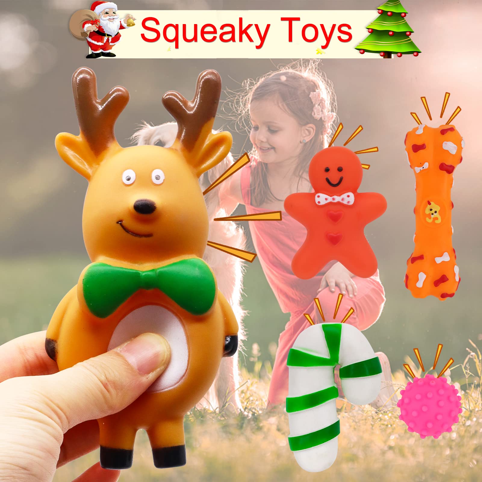 ZALALOVA 6-Piece Christmas Dog Stocking Toys Set - Chew Toys, Santa, Gingerbread Man, Bone, Tree & Candy Cane Shapes - Interactive Ball Gift for Dogs | Holiday Pet Gifts & Puppy Chew Toys for Christmas Decorations