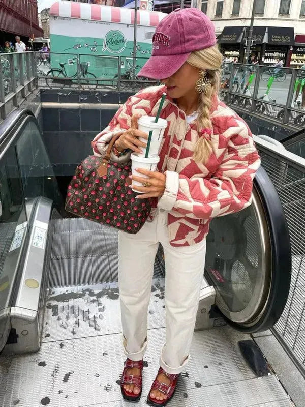 Trendy Loose Fit Winter Print Quilted Coat for Women - Warm Fashion Outerwear for Cold Weather, Casual Outings & Street Style