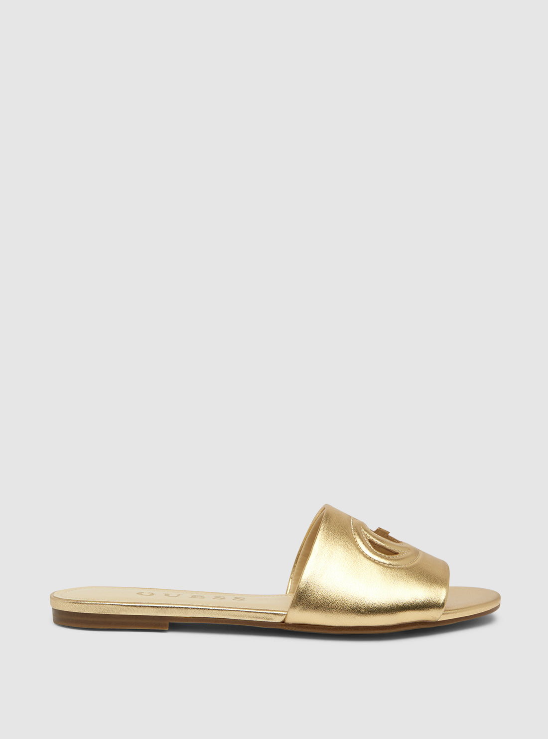 Gold Tashia Cutout Logo Slides - Comfortable Summer Sandals for Women - Perfect for Beach, Pool, and Casual Outings