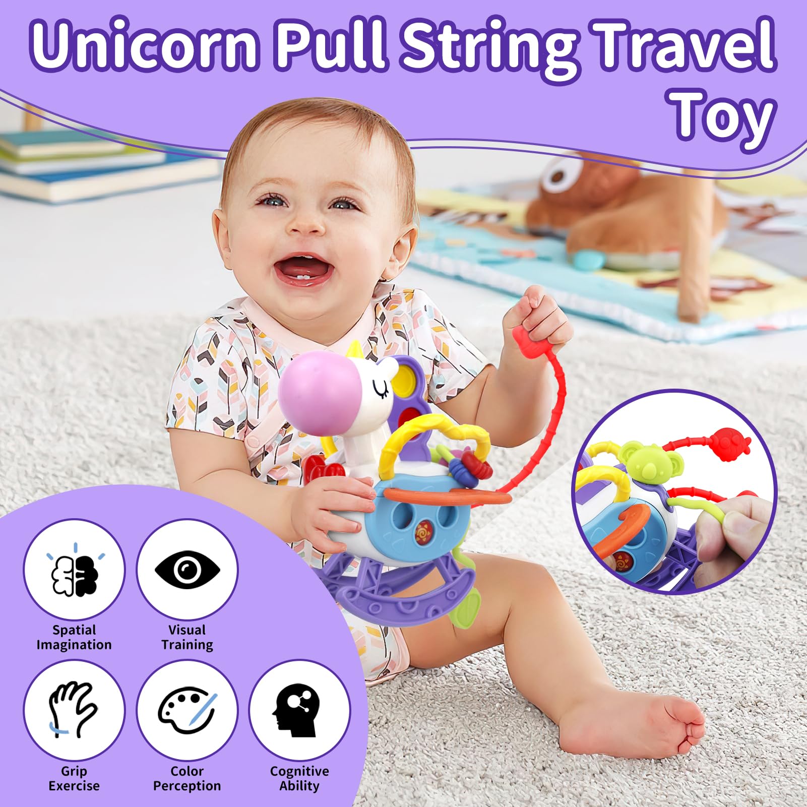 Montessori Toys for 1-3 Year Old Babies - Sensory Busy Board with Pull String Teether & Stacking Blocks - 3-in-1 Travel Learning Toy Gift for Toddlers Boys & Girls - Perfect for Airplane, Car Rides & Early Childhood Development