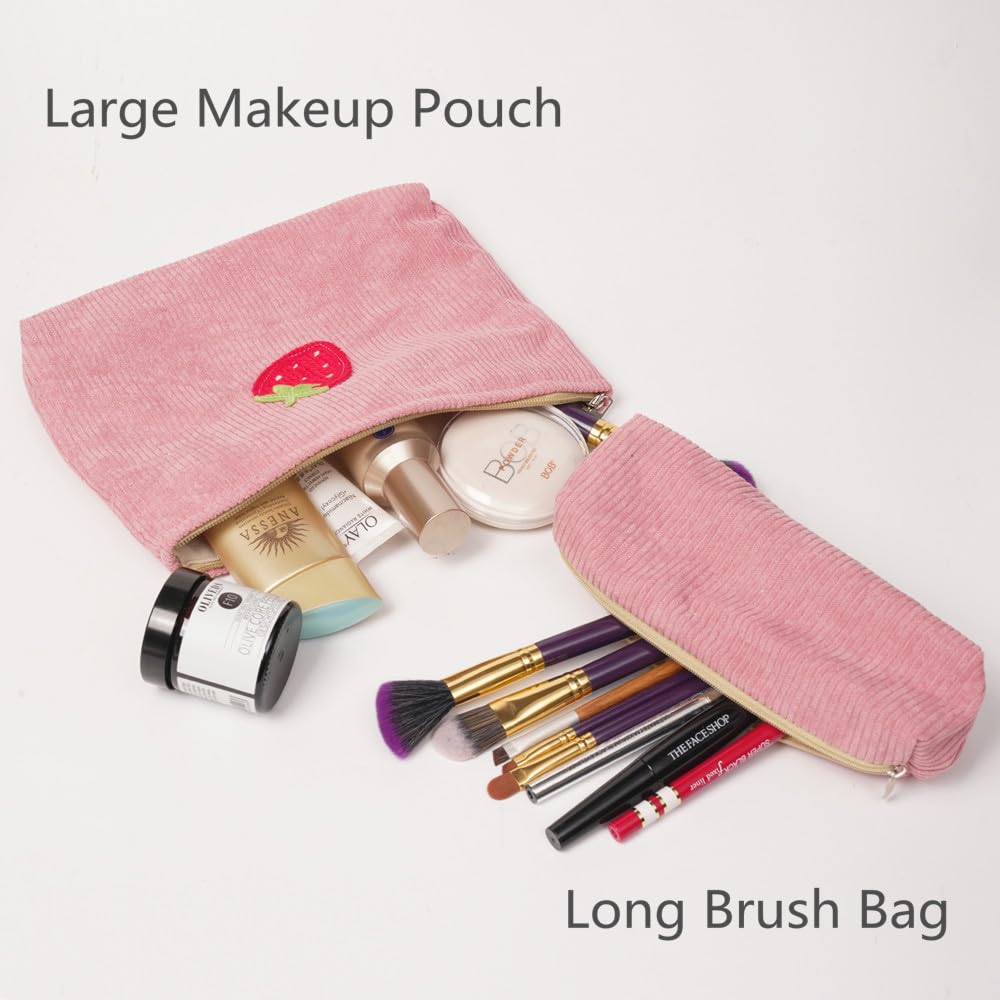 Strawberry Patch Corduroy Makeup Bag Set - Large Travel Toiletry Pouch with Zipper for Women & Teen Girls (Pink) | Cute Cosmetic Organizer for Travel, Gym, School & Daily Use
