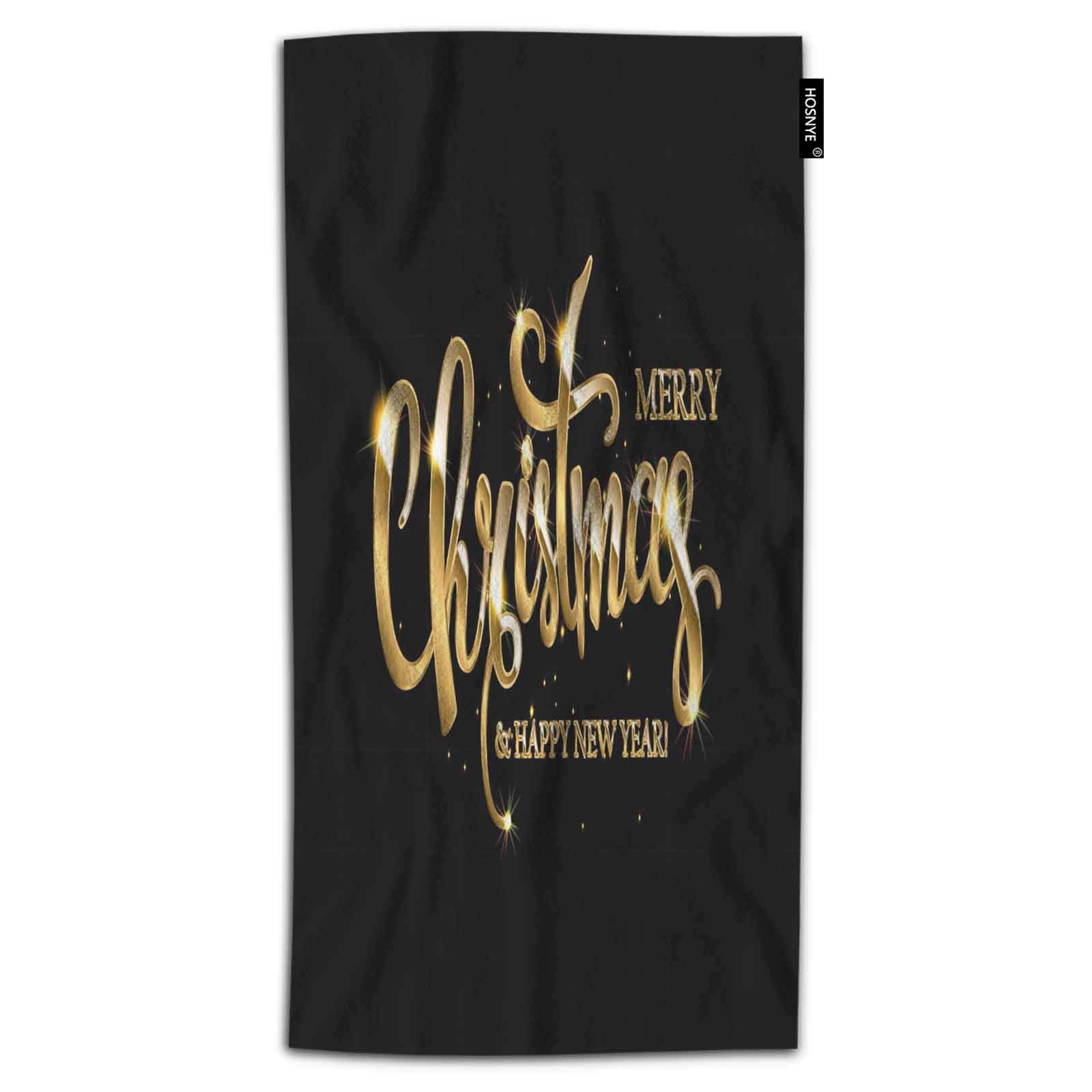 Golden Merry Christmas Hand Towel - Absorbent Soft Black Bath Towel with Happy New Year Lettering for Bathroom, Beach, Kitchen, Spa, Gym & Yoga | Holiday Decor & Gift Idea