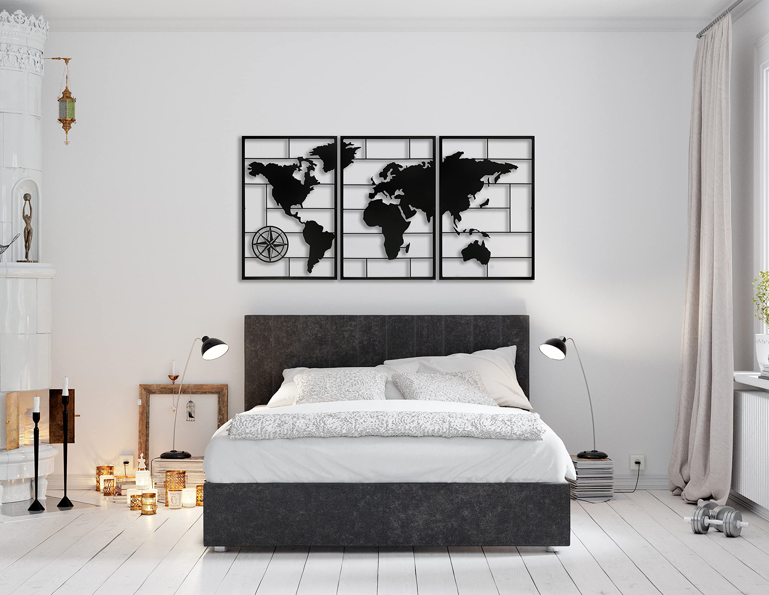 Baupor 3-Piece Large Metal World Map Wall Art - Modern Rustic Home Decor for Living Room, Office, Cabin - Perfect Housewarming Gift (59'' x 29'') - Ideal for Travel Lovers & Geography Enthusiasts
