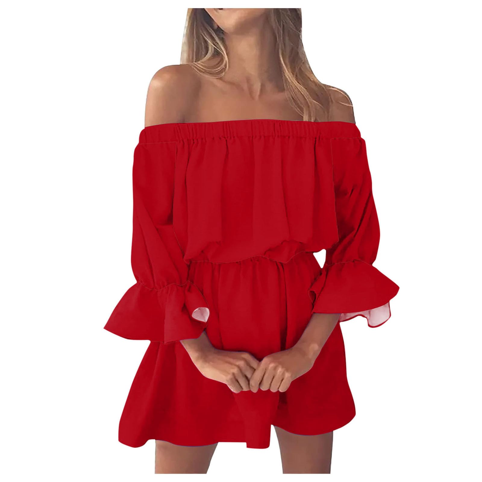 2024 Women's Summer Dresses - Off Shoulder Ruffle Mini Dress with Elastic Waist & Long Sleeves | Boho Swing Sun Dress for Beach, Vacation & Casual Outings