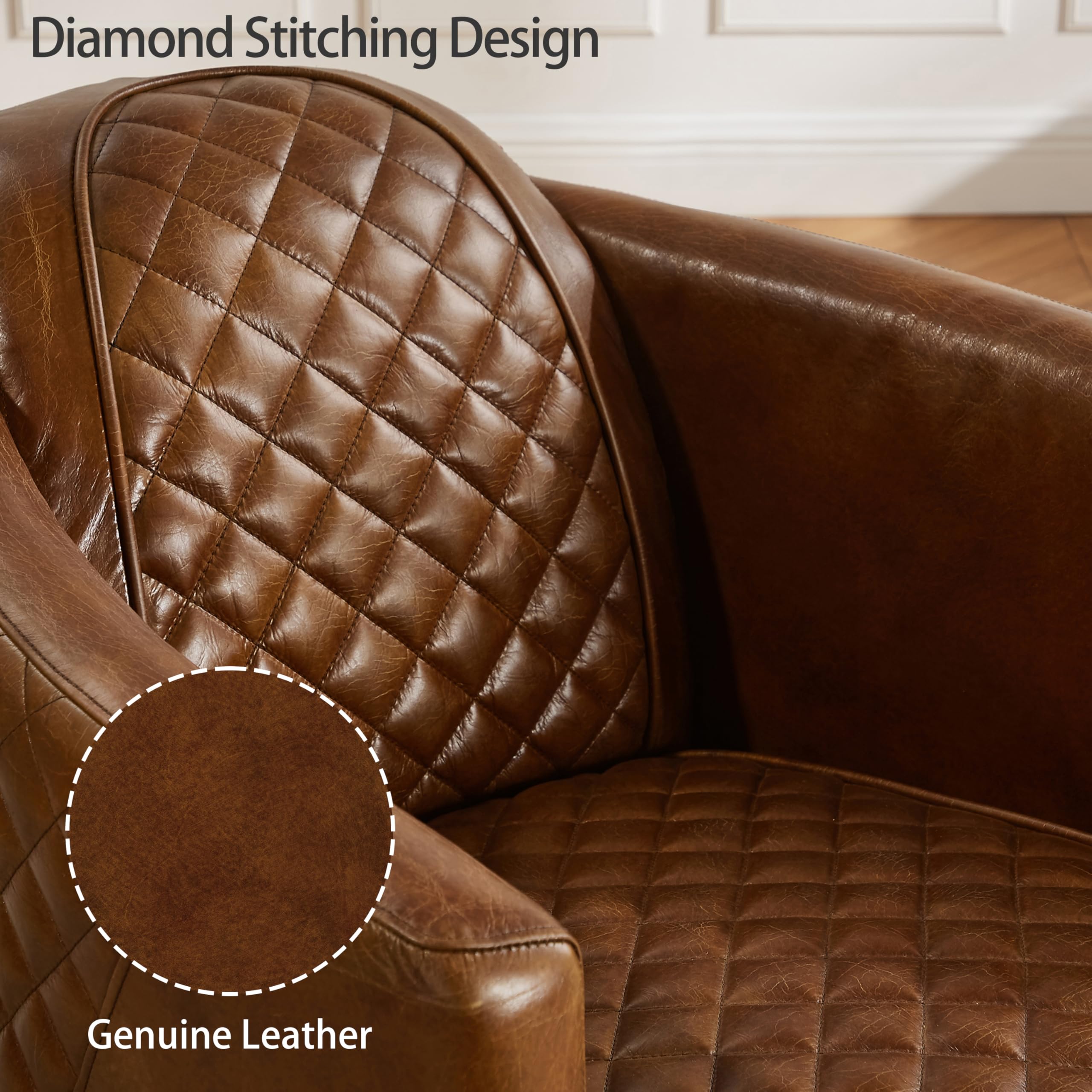 Zouron Genuine Leather Mid-Century Modern Accent Chair - Barrel Style Upholstered Living Room Sofa with Wooden Legs - Single Seater for Bedroom, Home Office & Lounge Areas - Cognac Brown (1 Piece) - Perfect for Reading Nooks, Cozy Corners & Contemporary Decor