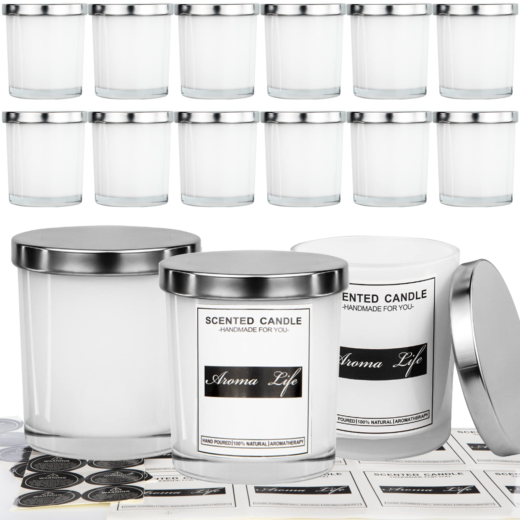 Creahaus 10oz Thick Glass Candle Jars with Metal Lids - 16 Pack Bulk Empty Candle Containers for DIY Candle Making, Includes White Inner Jars, Sticky Labels & Warming Labels Kit - Heat Resistant for Home Decor, Wedding Favors & Aromatherapy