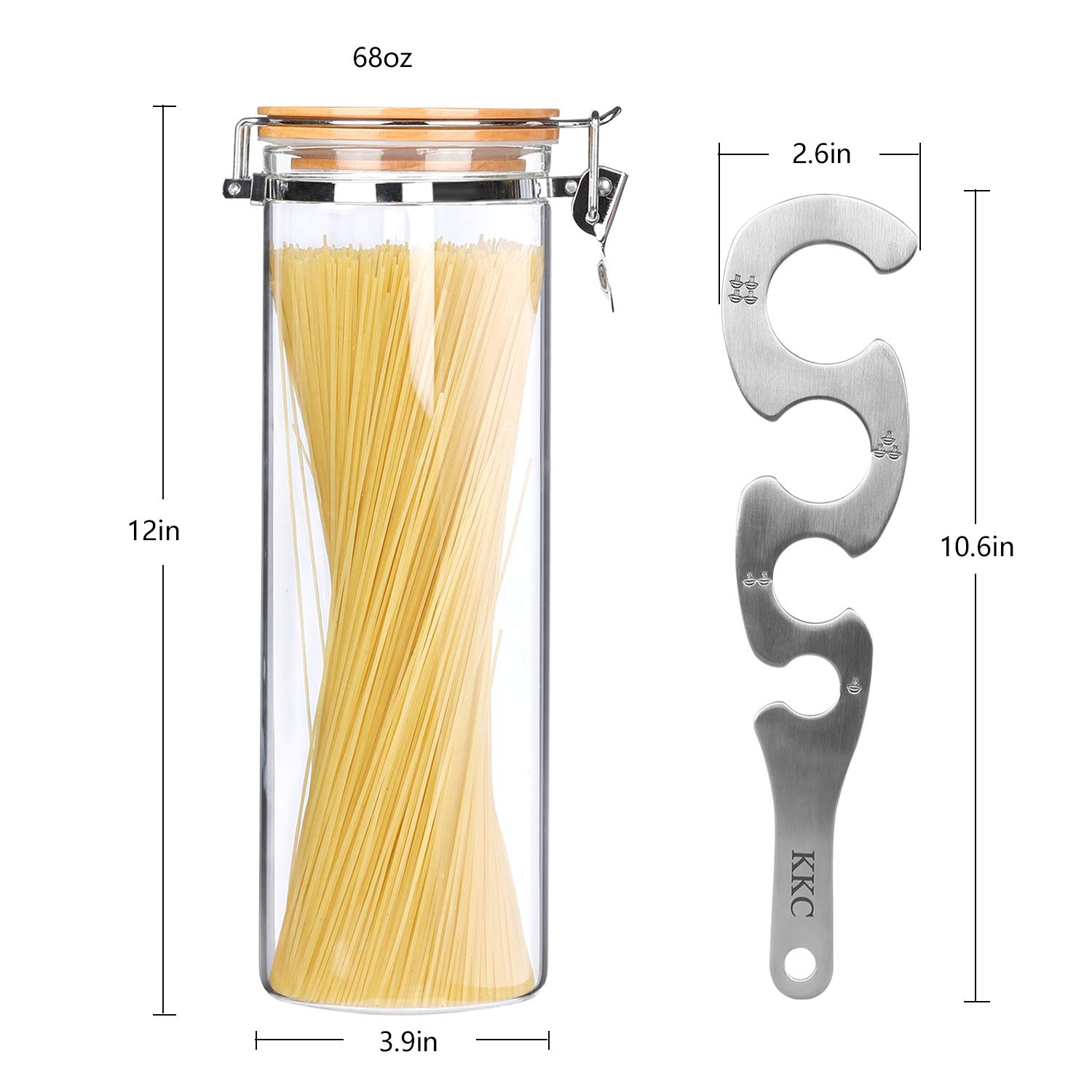 KKC HOME ACCENTS 68oz Glass Pasta Storage Container with Measuring Tool & Bamboo Lid - Airtight Spaghetti & Noodle Organizer for Kitchen Pantry - Perfect for Meal Prep, Bulk Food Storage, and Countertop Display