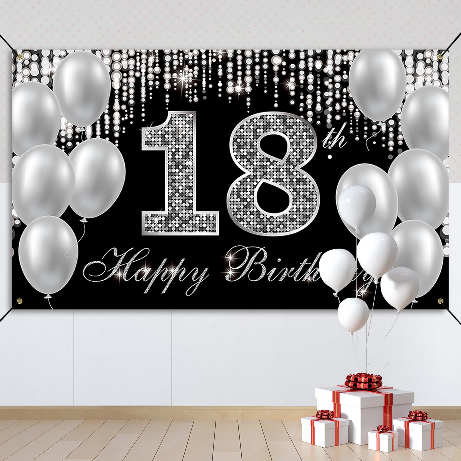 Happy 18th Birthday Banner Backdrop - Black & Silver Fabric Decor for Boys & Girls - Yard Sign & Photo Props for Adult Birthday Parties - Perfect for Indoor & Outdoor Celebrations