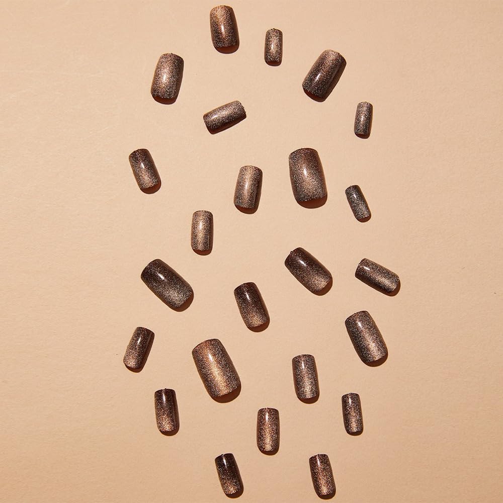 Gold & Black Cat Eye Press on Nails - Short Square Acrylic Fake Nails with Glitter Designs & Glue | Gel Manicure False Nails for Women | Perfect for Weddings, Parties & Special Occasions