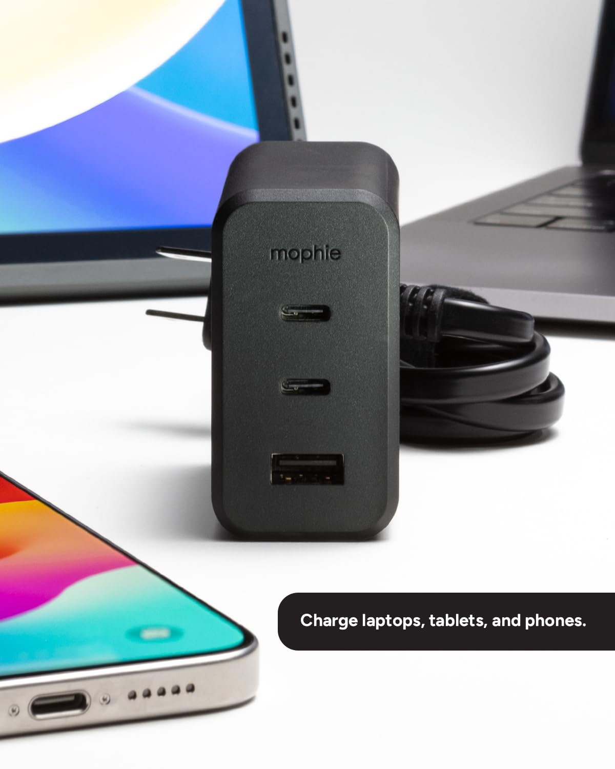 mophie GaN 100W USB C Charger Block - 3-Port Fast Wall Charger for MacBook Pro/Air, iPad Pro, iPhone 15/14/13, Samsung Galaxy S23/S22, Google Pixel 8/7 - Includes 5ft USB-C Cable, Dual USB-C PD & USB-A Ports - Compact Travel Charger for Home, Office & Car (Black)
