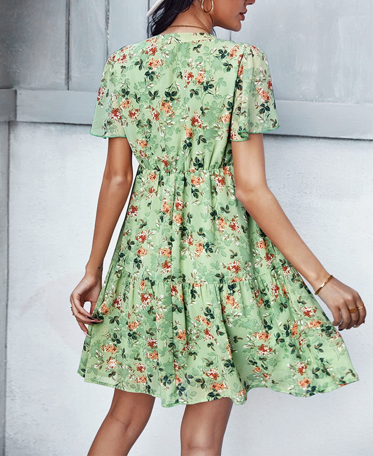 Boho Floral Print Short Sleeve V-Neck Swing Dress for Women - Knee Length Loose Fit Beach Party Dress (Green, Medium) - Perfect for Summer Vacations, Beach Getaways & Casual Outings