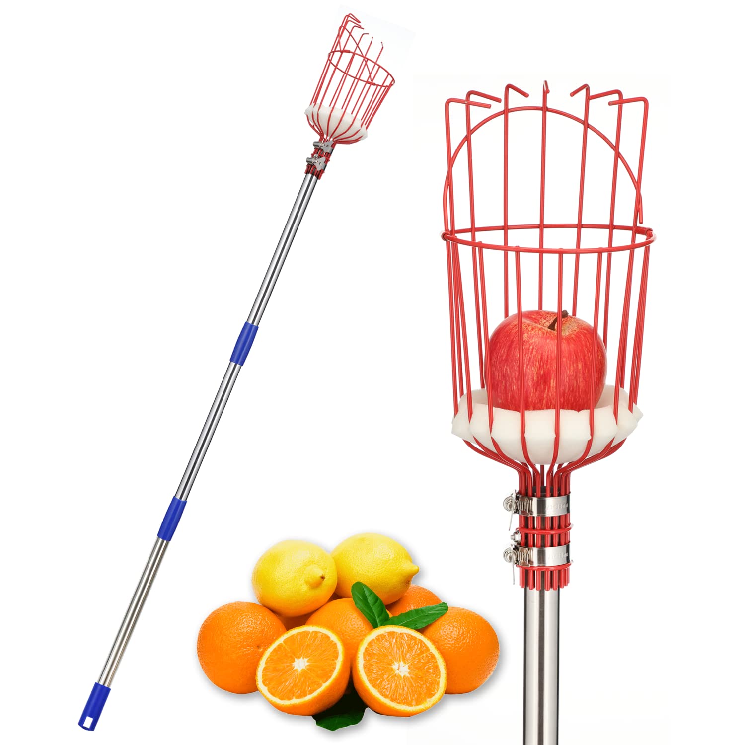 13 FT Adjustable Fruit Picker Pole with Large Basket - Metal Handle Gardening Tool for Apple, Orange, Mango & Apricot Trees - Includes Extra Fruit Carrying Bag - Perfect for Home Orchards, Backyard Harvesting & Commercial Fruit Picking