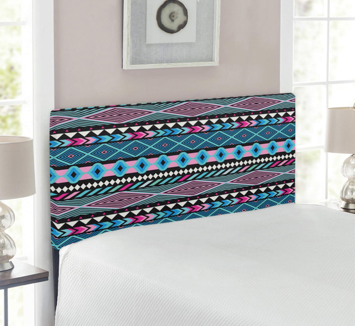 Ambesonne Tribal Headboard - Vintage Boho Stripes & Geometric Print Upholstered Metal Bed Headboard with Memory Foam | Twin Size Dark Blue & Hot Pink | Perfect for Bohemian & Eclectic Bedroom Decor