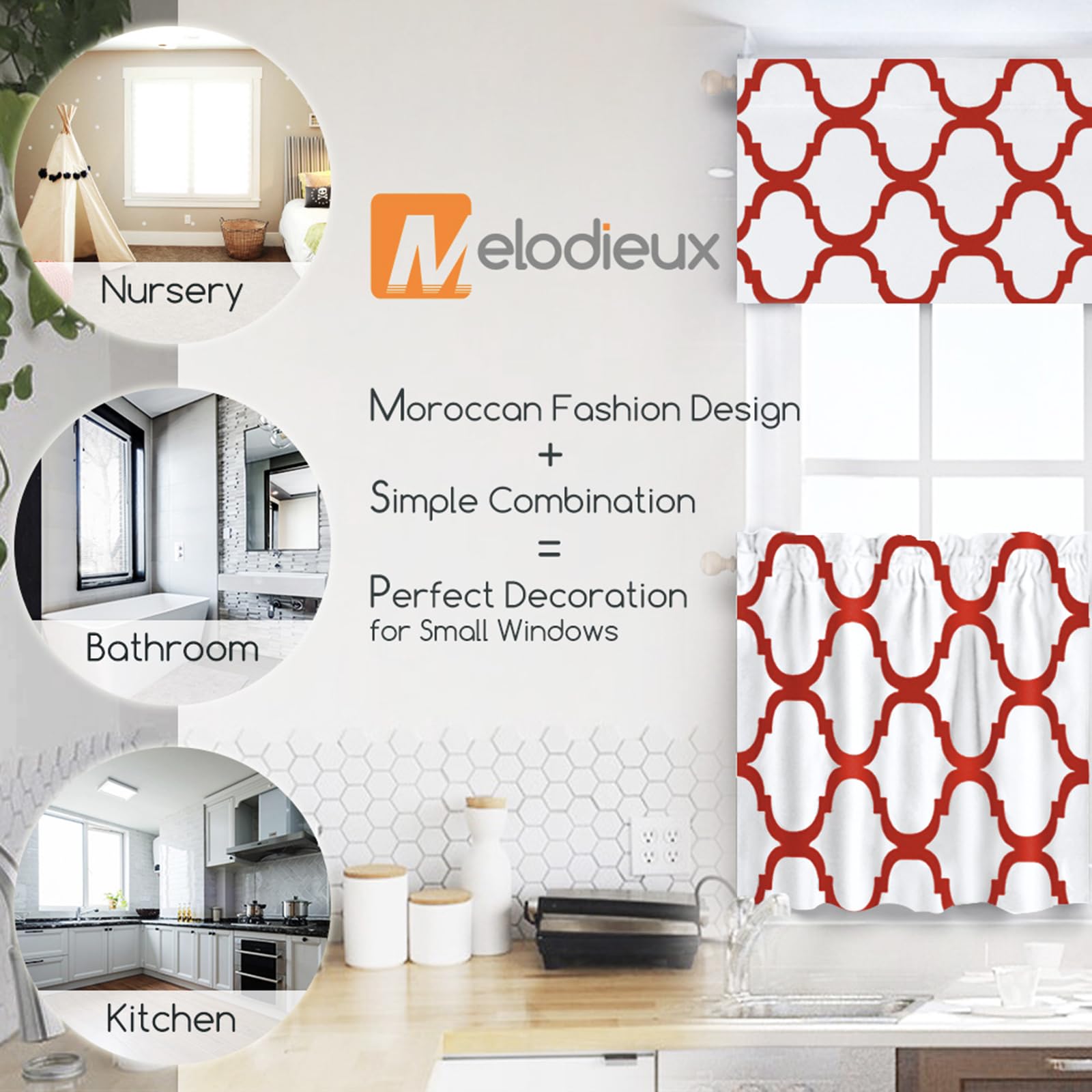 Melodieux Set of 2 Moroccan Style Geometric Lattice Tier Curtains - 29x36 Inches, Off White/Red | Rod Pocket Window Treatments for Kitchen, Cafe, Bathroom & Small Windows | Perfect for Boho Home Decor & Privacy