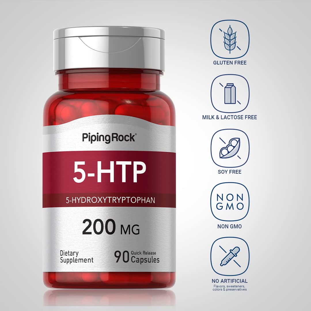 Piping Rock 5-HTP 200mg Supplement - 90 Capsules | 5-Hydroxytryptophan & Griffonia Simplicifolia Extract | Non-GMO, Gluten Free | Supports Mood, Sleep & Stress Relief for Daily Wellness