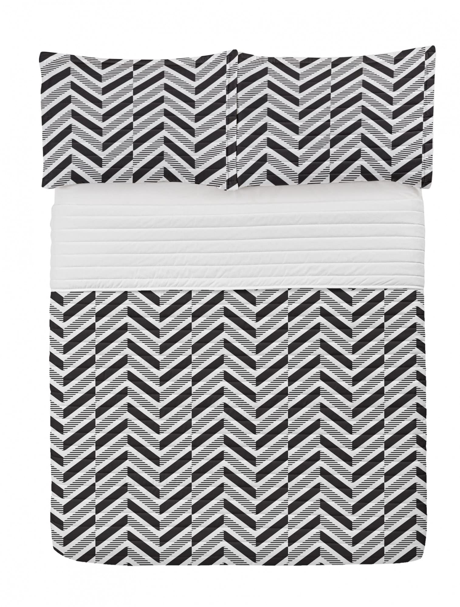 Ambesonne Abstract Microfiber Bedspread Set - Modern Geometric Stripes & Blocks Pattern, Soft Queen Size Bedding with Pillow Shams & Comforter in White & Black | Perfect for Contemporary Bedroom Decor & Guest Room Styling