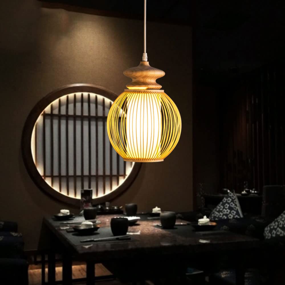 Handmade Bamboo Woven Pendant Light - Natural Wooden Hanging Ceiling Fixture with Wicker Lampshade - Decorative Lantern Lighting for Kitchen Island, Living Room, Bedroom & Restaurant - Perfect for Boho, Farmhouse and Coastal Home Decor