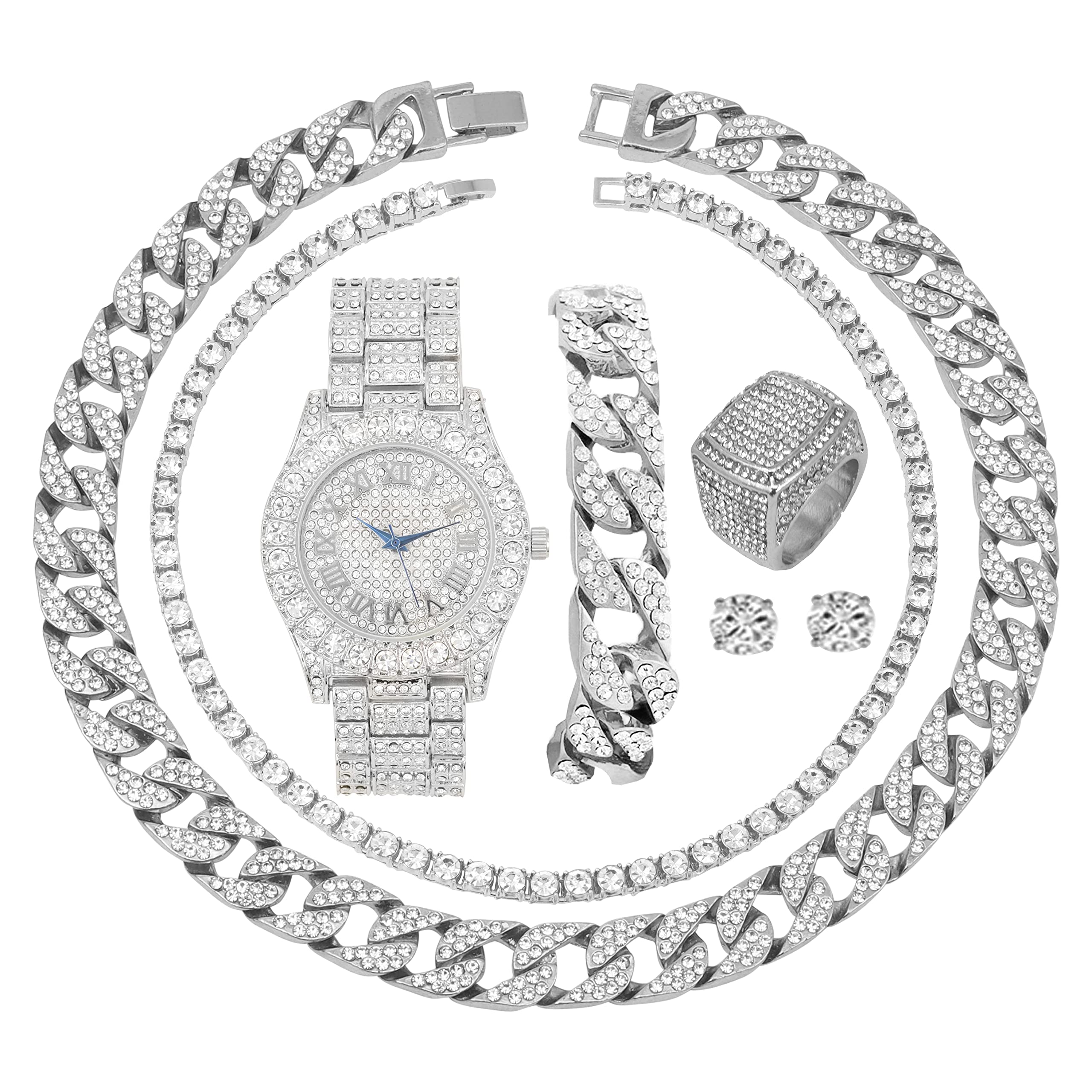 Men's Luxury Iced Out Cuban Link Jewelry Set - Big Rocks Bezel Watch with Roman Numerals, Cuban Chain Bracelet, Necklace & Tennis Ring | Perfect for Gifts, Parties & Hip-Hop Fashion ST10327CRNT