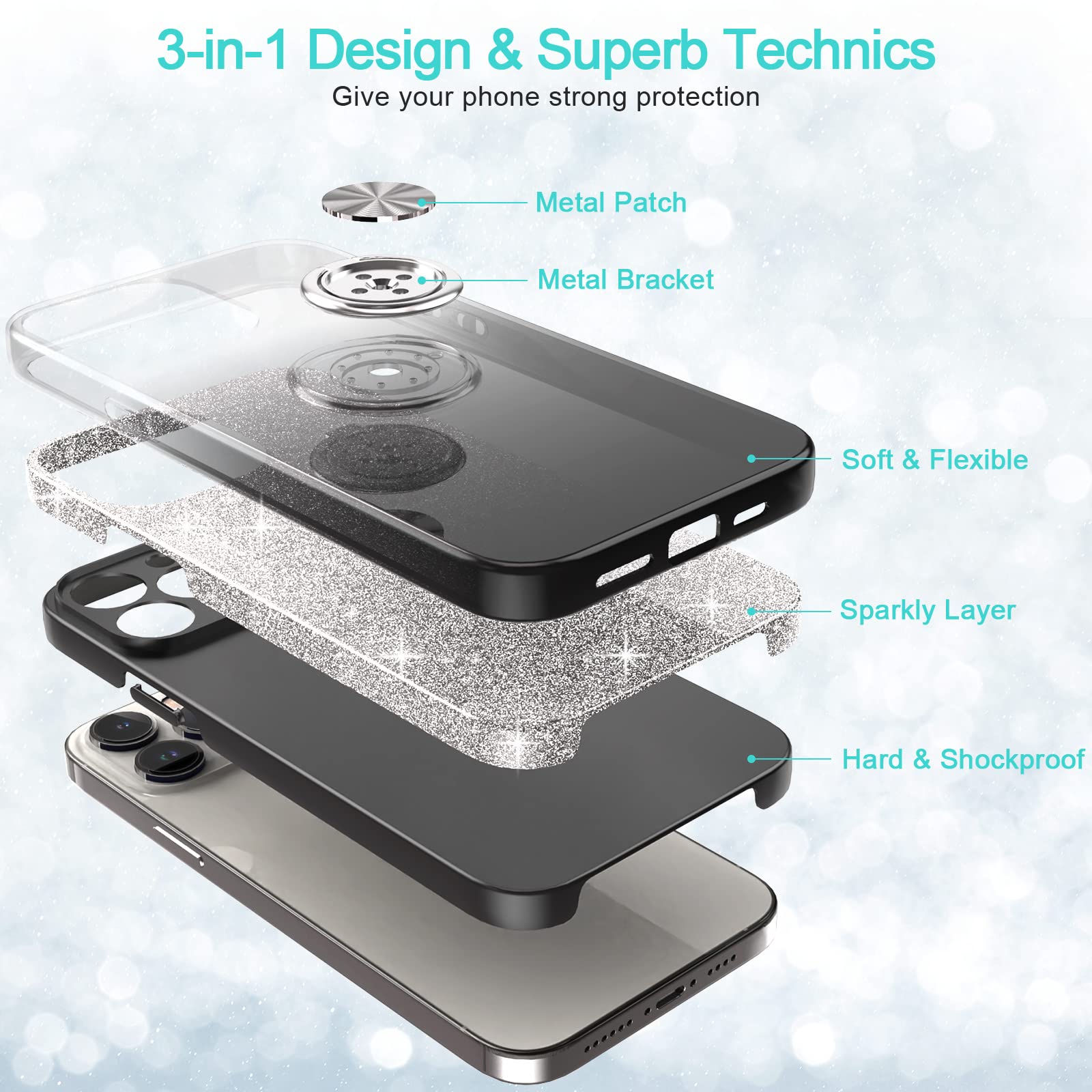 Slim Glitter Sparkly Case with 360° Ring Holder & Kickstand for iPhone 12 Pro Max 6.7