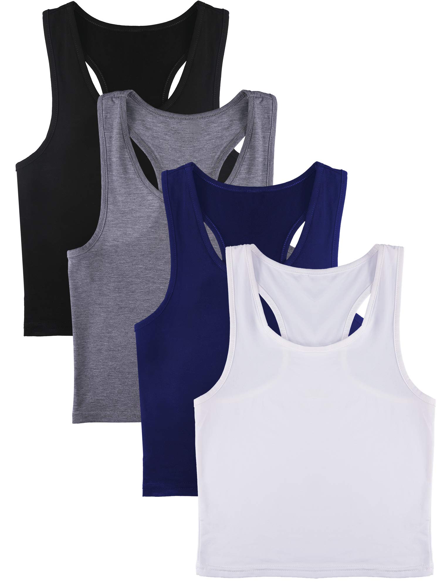 4 Pack Women's Workout Crop Tank Tops - Sleeveless Racerback Athletic Shirts for Yoga, Running & Gym - Breathable Moisture-Wicking Fabric (Small, Black/Dark Grey/Navy Blue/White) - Perfect for Fitness, Pilates & Summer Sports Activities