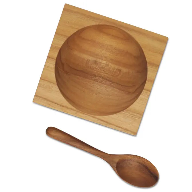 Premium Teak Wood Square Salt Cellar with Natural Teak Spoon - Elegant Kitchen Tabletop Seasoning Container for Cooking, Baking & Dining Decor
