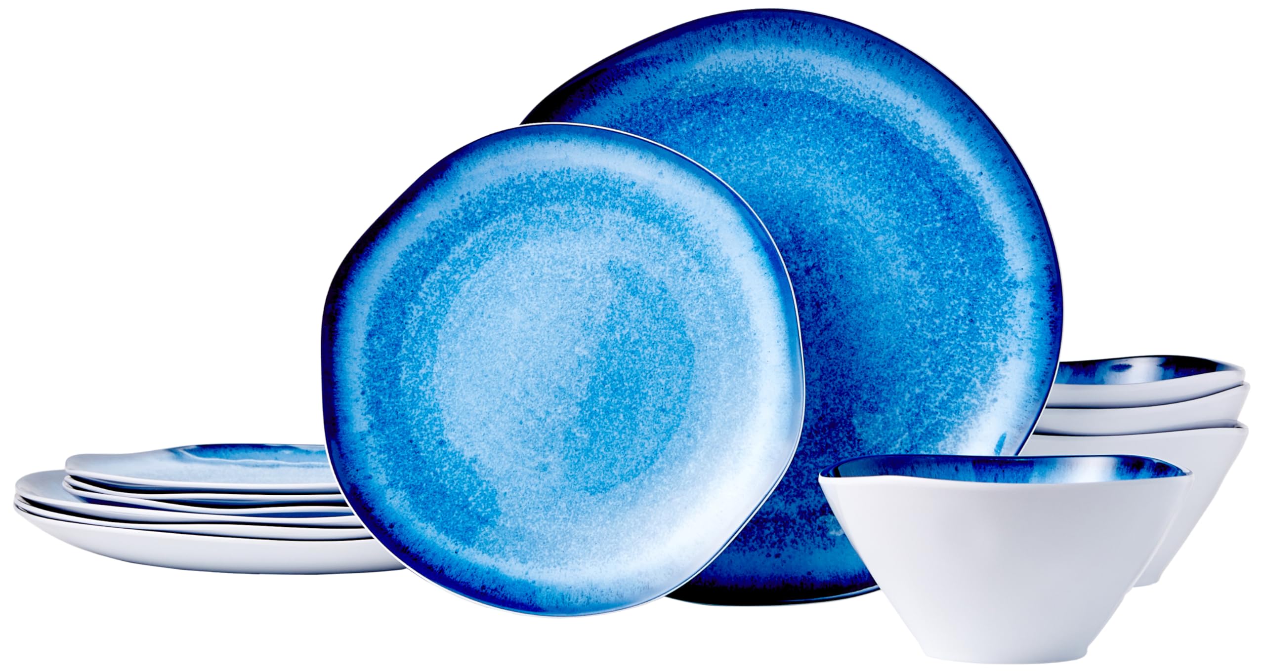 Amazon Basics Melamine Dinnerware Set - 12-Piece Service for 4, Blue Glaze with Rustic Edge, Shatterproof & Lightweight Plates, Bowls & Mugs - Perfect for Outdoor Dining, Picnics, Camping & Everyday Use