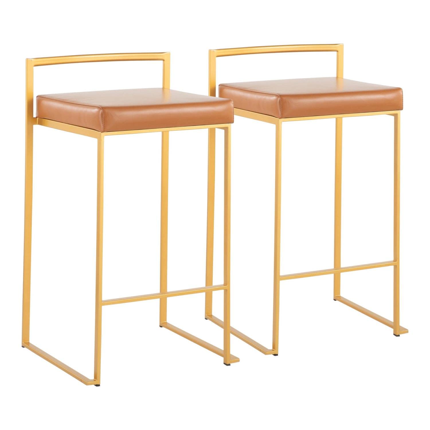 Gold Metal Fuji Stacker Counter Stools - Set of 2 Kitchen Island Bar Stools, Counter Height Chairs for Breakfast Nook, Dining & Entertaining