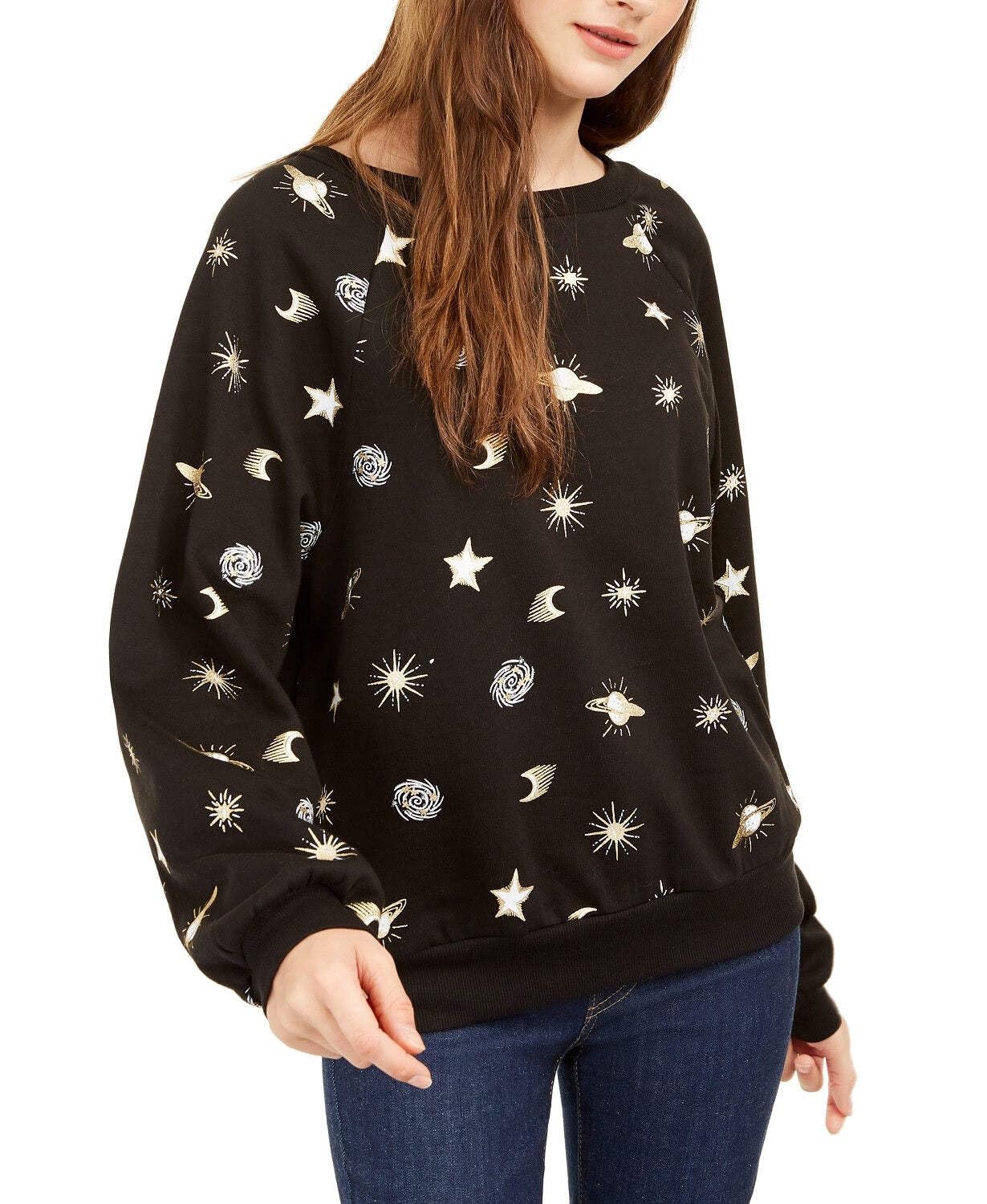 Women's Juniors' Planets Metallic Graphic Sweatshirt - Black, Size Small | Trendy Space-Themed Pullover for Casual Wear & Street Style