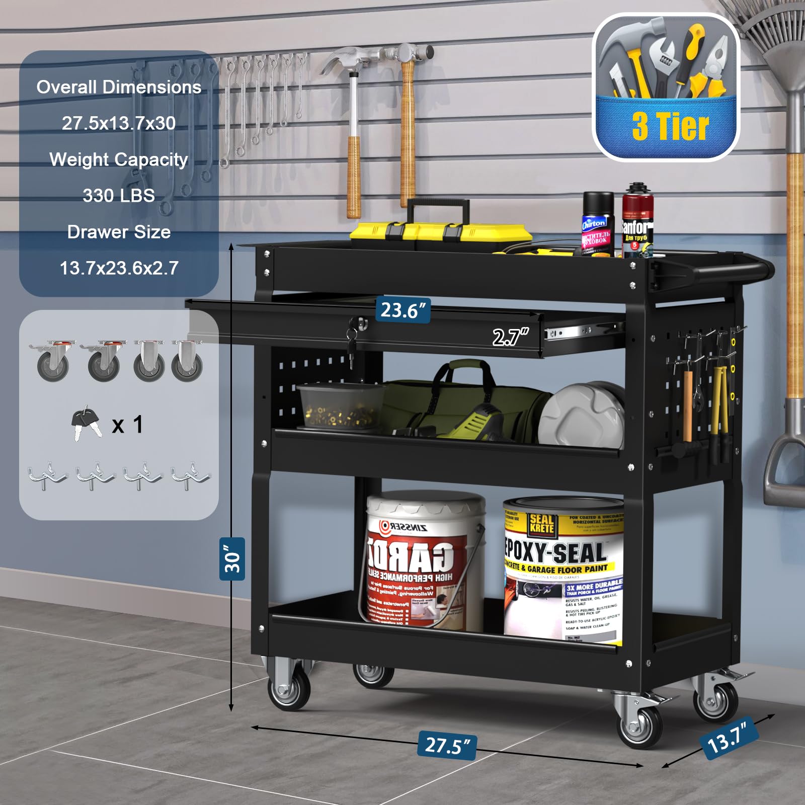 3 Tier Rolling Tool Cart with Drawer & Lock - Heavy Duty 330 lb Capacity Metal Utility Cart for Garage, Workshop, Warehouse - Tool Storage Organizer for Mechanics, Repair Shops & DIY Projects (Black)