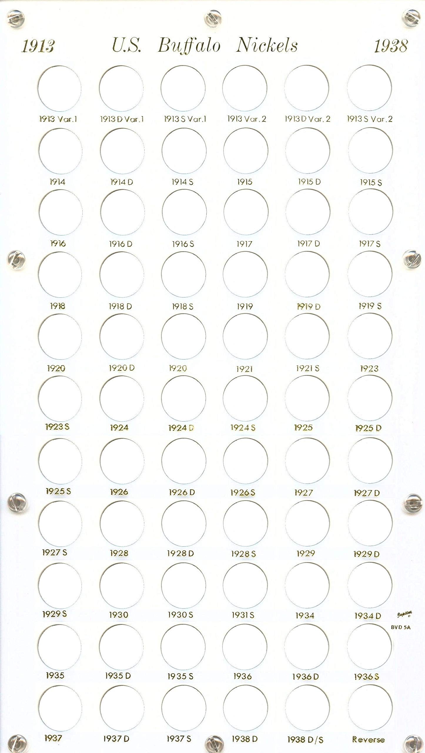 Capital Plastics 8x14 Inch Acrylic Coin Holder for U.S. Buffalo Nickels 1913-1938 - 66-Coin Display Case in White - Perfect for Coin Collectors & Numismatic Storage