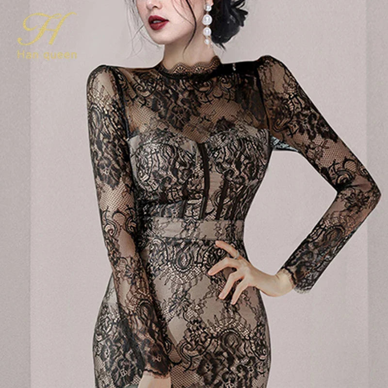Elegant Korean Fashion Lace Crochet Flower Pencil Dress for Women - See Through Autumn Party Dress, Casual & Formal Occasions
