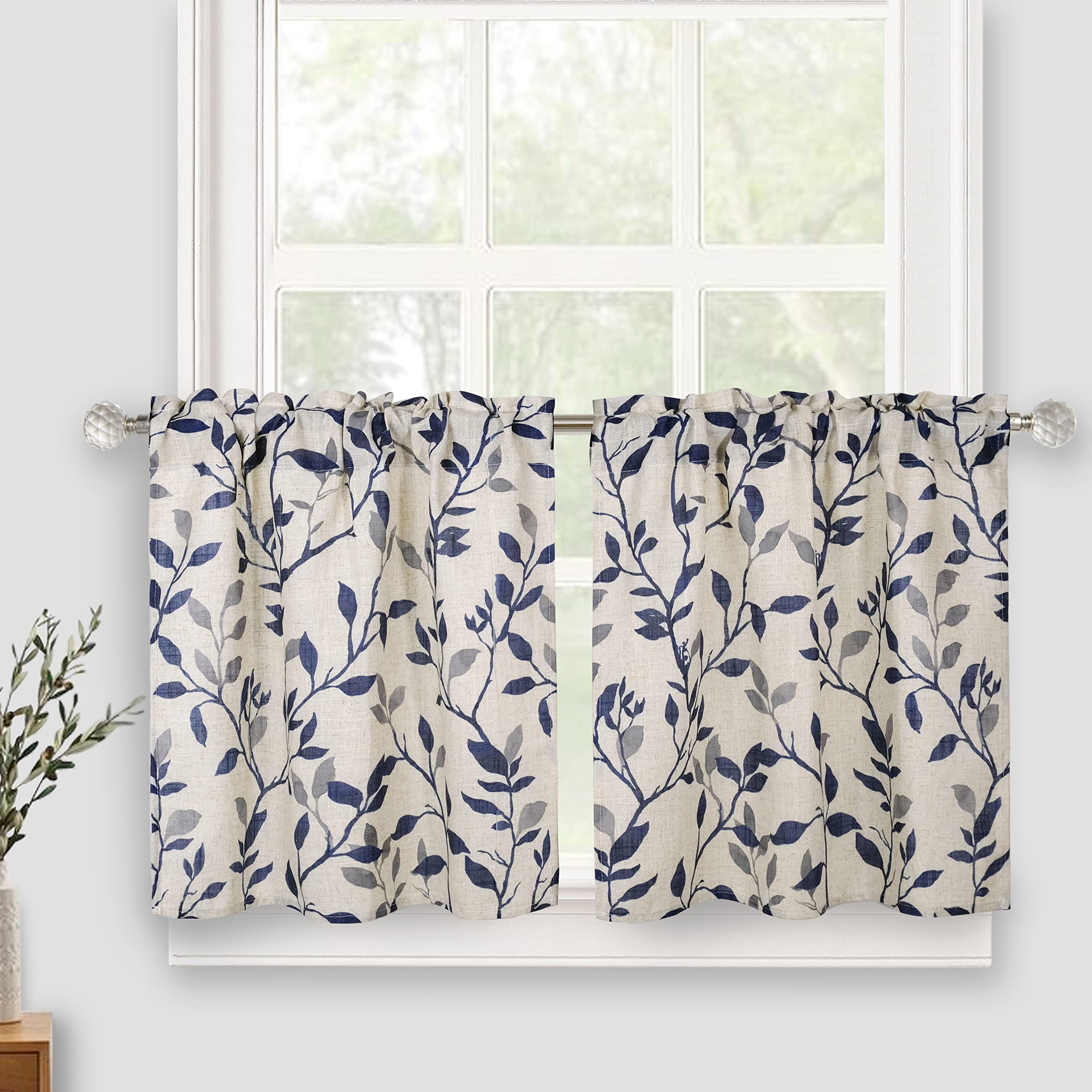 Linen Kitchen Curtains with Tree Leaves Design - Farmhouse Short Window Curtains with Rod Pocket (2 Panels, 26