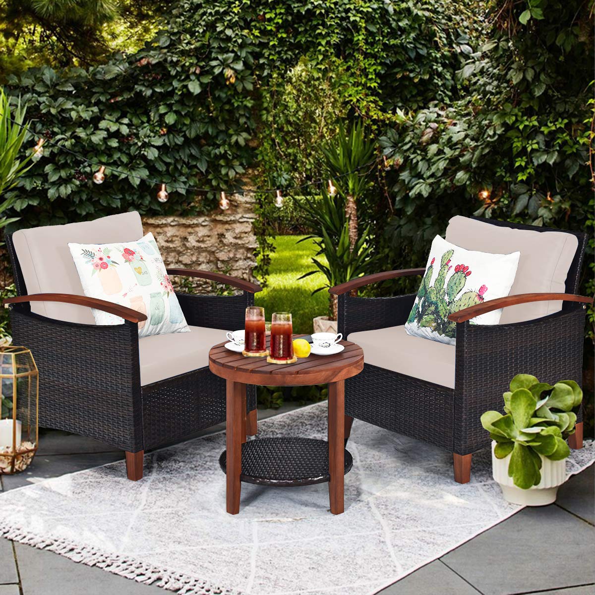 3-Piece Patio Furniture Set - Outdoor Rattan Sofa with Washable Cushions & Acacia Wood Coffee Table - Weather-Resistant Wicker Conversation Set for Garden, Poolside, Balcony or Backyard (Beige) - Perfect for Outdoor Relaxation & Entertaining