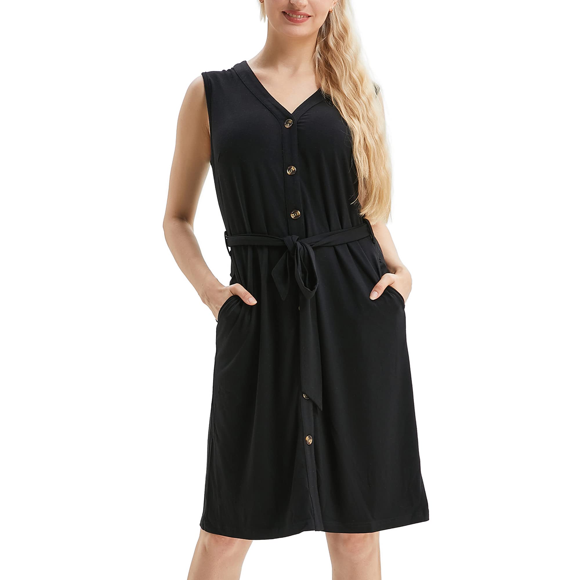 RUGBONGY Women's Casual T-Shirt Dress with Pockets - Elastic Waist V-Neck Loose Swing Button Down Sun Dress | Summer Outfit, Beach Wear & Everyday Comfort