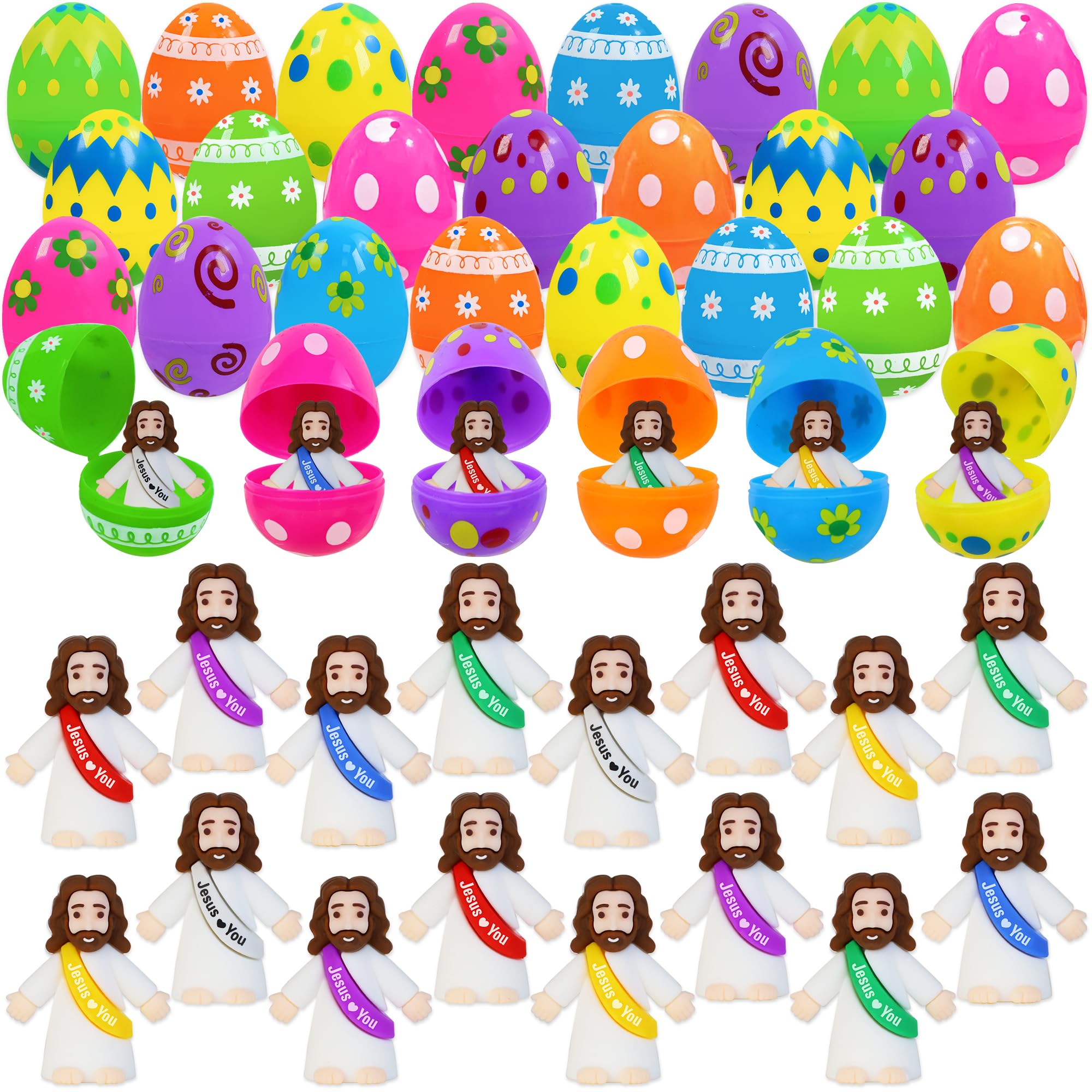 24 Pcs Prefilled Easter Eggs with Mini Jesus Figures - Easter Egg Hunt Toys, Easter Basket Stuffers, Party Favors for Kids & Toddlers - Perfect for Classroom Prizes, Easter Gifts & Holiday Celebrations
