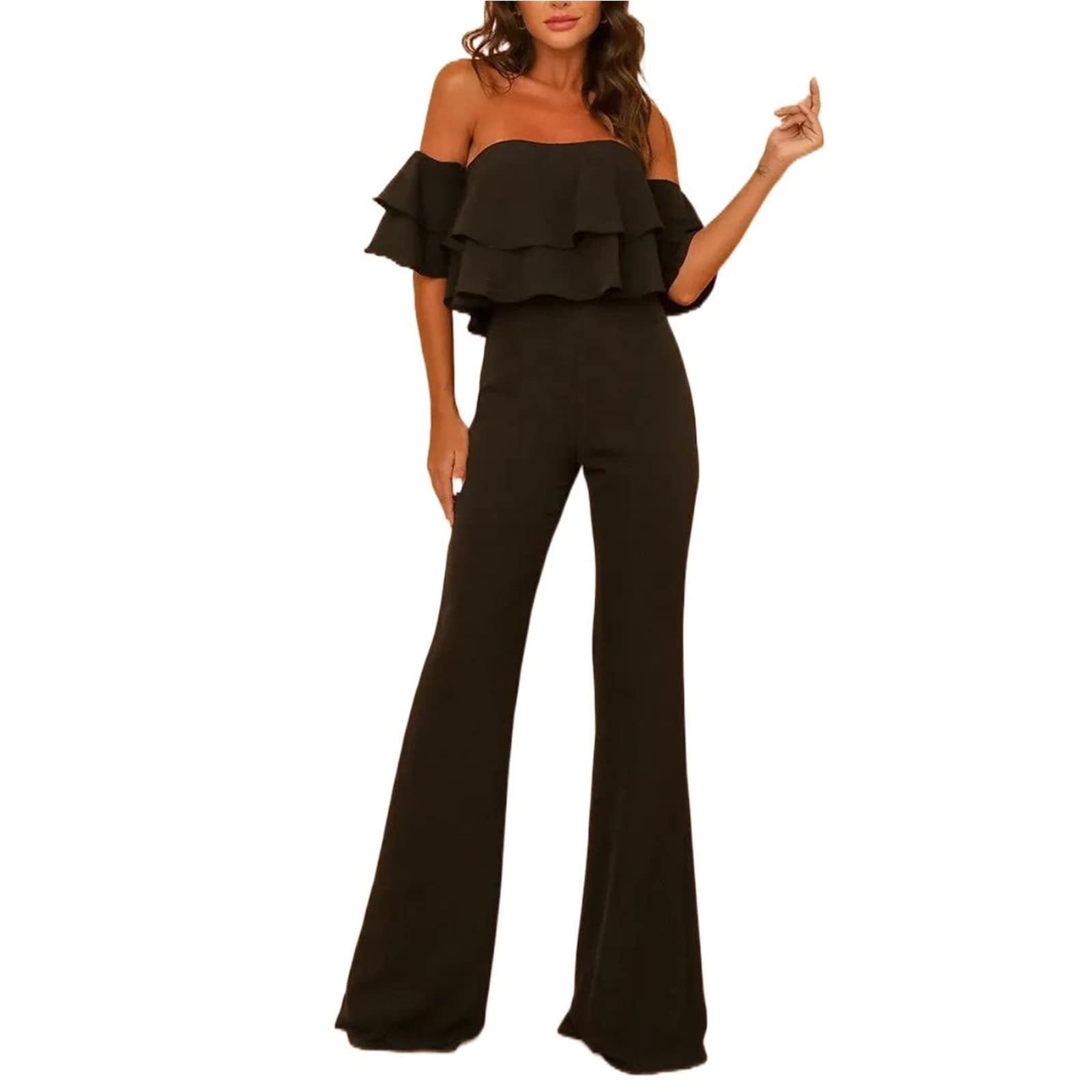 Women's Ruffle Off-Shoulder Jumpsuit - Loose Strapless High Waist Wide Leg Palazzo Pants Romper for Summer | Beach Vacation, Party Wear & Casual Outfit