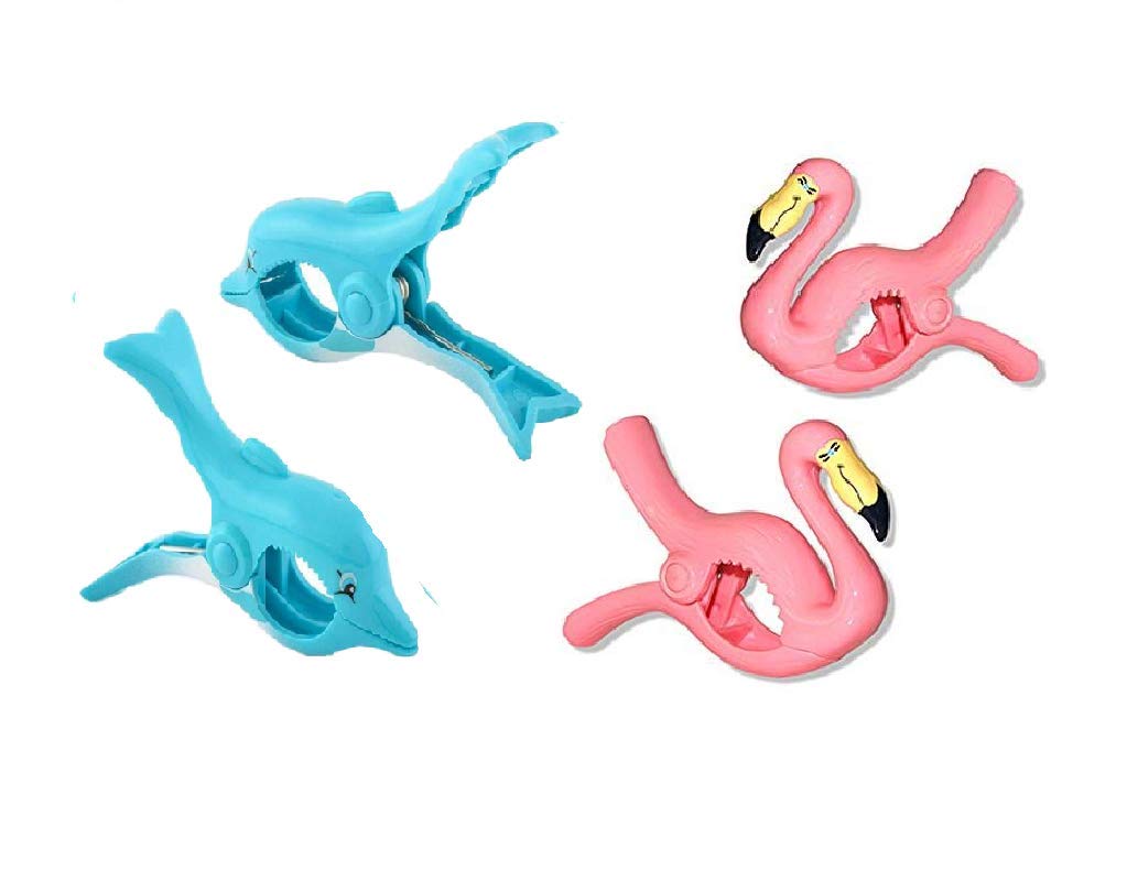 C&H Solutions 2 Pack Jumbo Beach Towel Clips - Dolphin & Flamingo Style for Beach Chairs, Poolside, Cruise Vacations & Baby Strollers - Secure Towels on Patio Furniture, Loungers & Outdoor Accessories