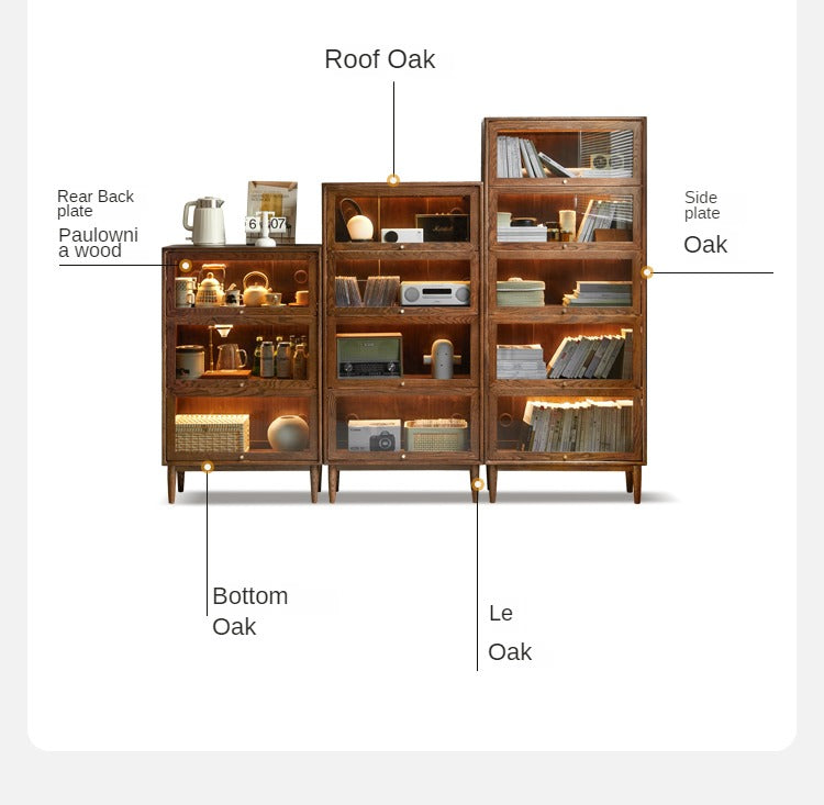 Solid Black Walnut & Oak Wood Glass Flip Door Bookcase - Modern Side Cabinet for Living Room, Office & Bedroom Storage