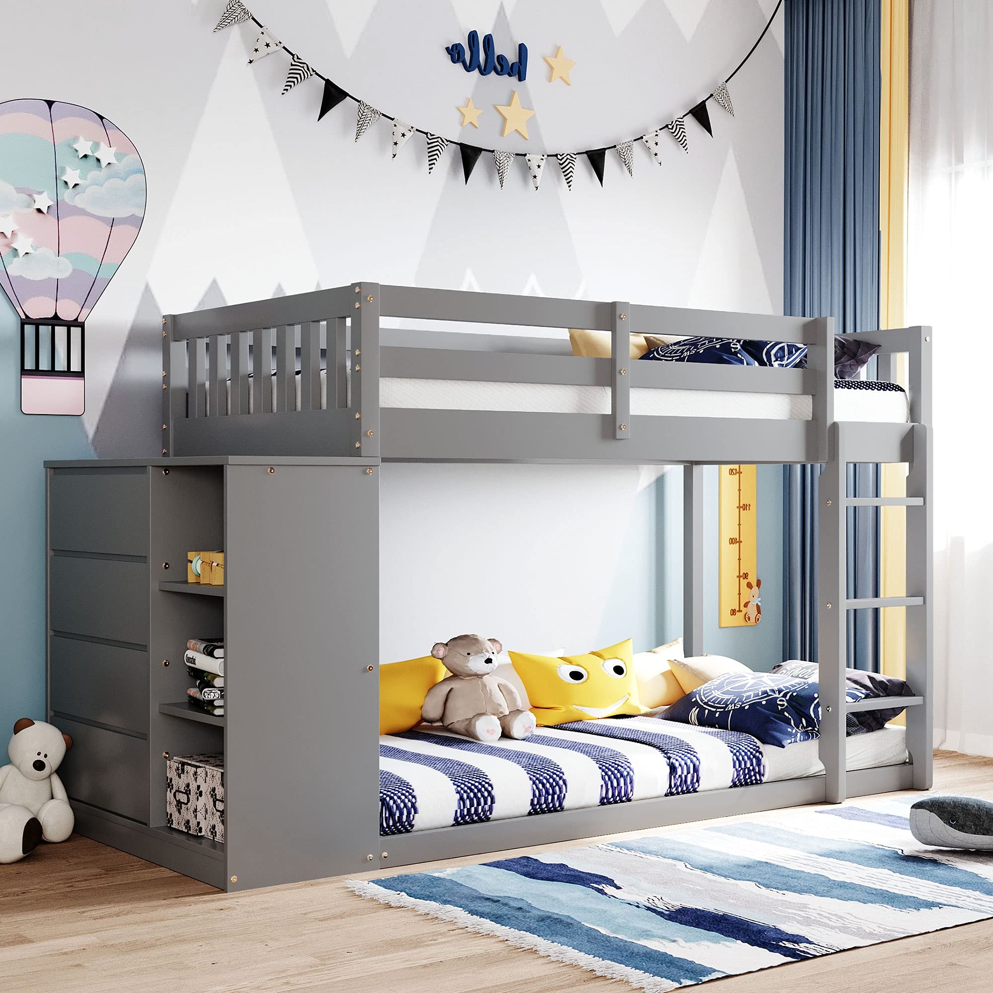 Twin Over Twin Bunk Bed with Storage Drawers & Shelves - Solid Wood Space-Saving Bunk Bed with 4 Drawers & 3 Shelves for Kids, Teens & Adults - Perfect for Small Bedrooms, Guest Rooms & Vacation Homes (Gray)