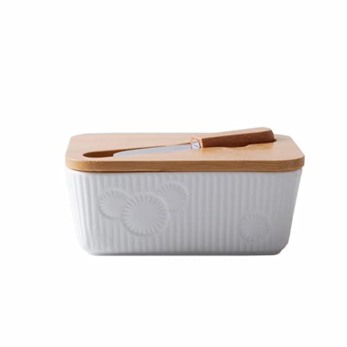 Ceramic Butter Dish with Wooden Lid & Knife - Airtight Butter Holder, Cheese Plate, Food Storage Container - Perfect for Kitchen, Dining Table, and Picnic Use (Color: A)