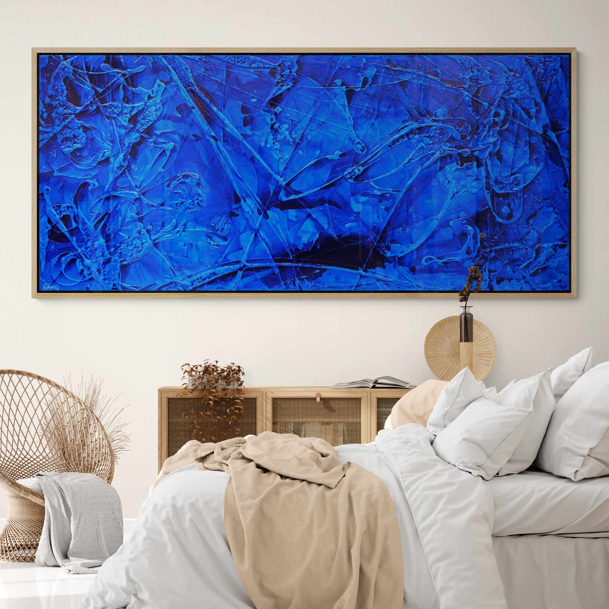 Blue Ink Textured Abstract Painting - 270cm x 120cm Large Canvas Wall Art for Modern Home & Office Decor | Inked Euphoria Collection
