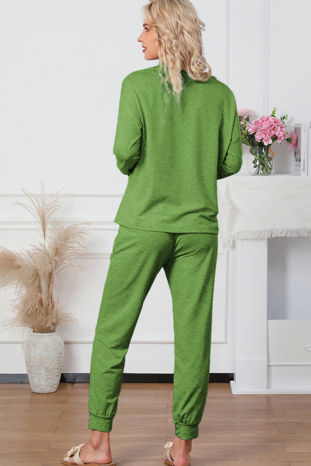 Women's Soft Round Neck Top & Drawstring Pants Lounge Set - Comfortable 2-Piece Outfit for Yoga, Sleepwear & Home Relaxation