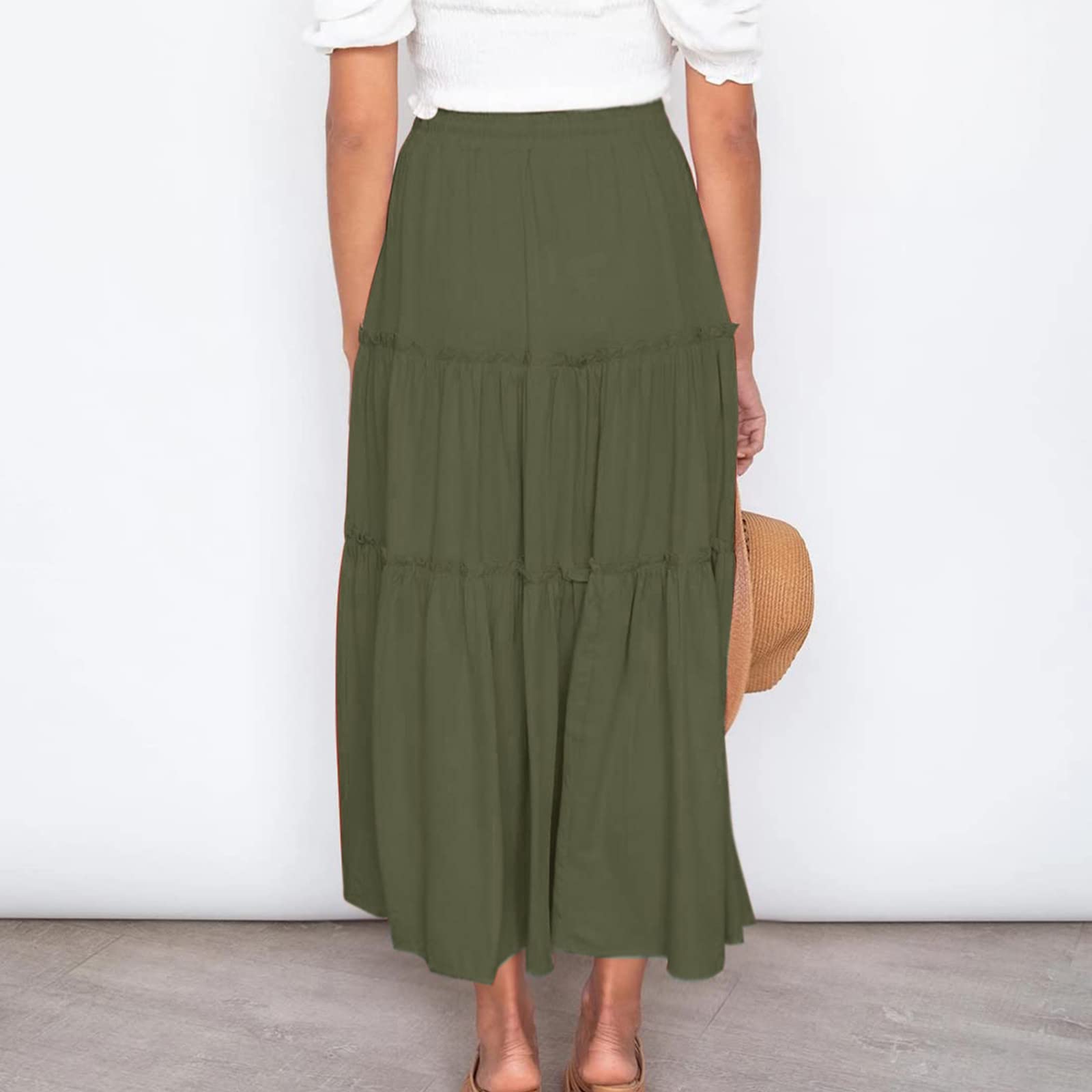 Boho Maxi Skirts for Women - Long Flowy Solid Color Casual Skirts with Ruched Ruffles & Elastic Waist - Perfect for Beach, Vacation, Summer Outfits & Boho Fashion