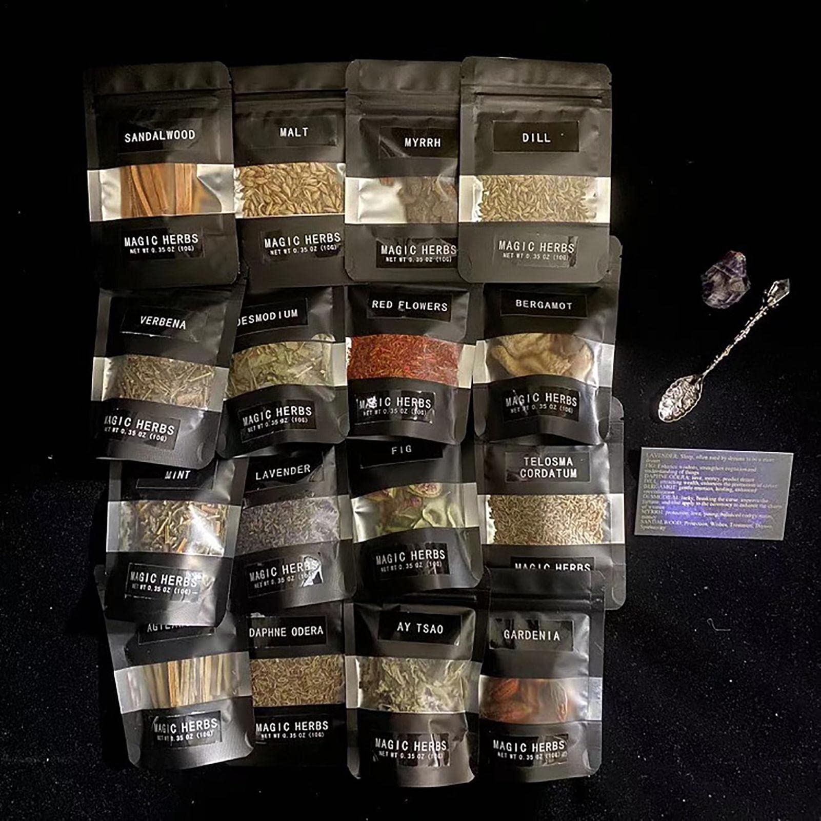 Premium Dried Herb Kit for Crafting - 16/30 Herbs DIY Kit with Crystal Spoon | Witchcraft Starter Kit for Wicca, Pagan Rituals, Altar & Voodoo | Perfect for Aromatherapy, Spellwork & Home Decor